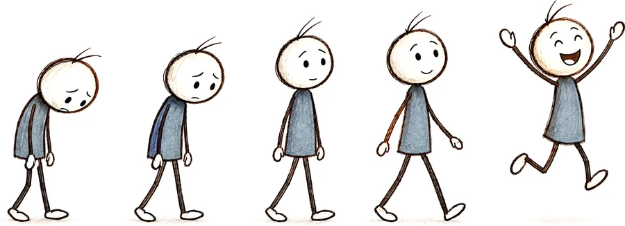 The little blue human going from sad to happy